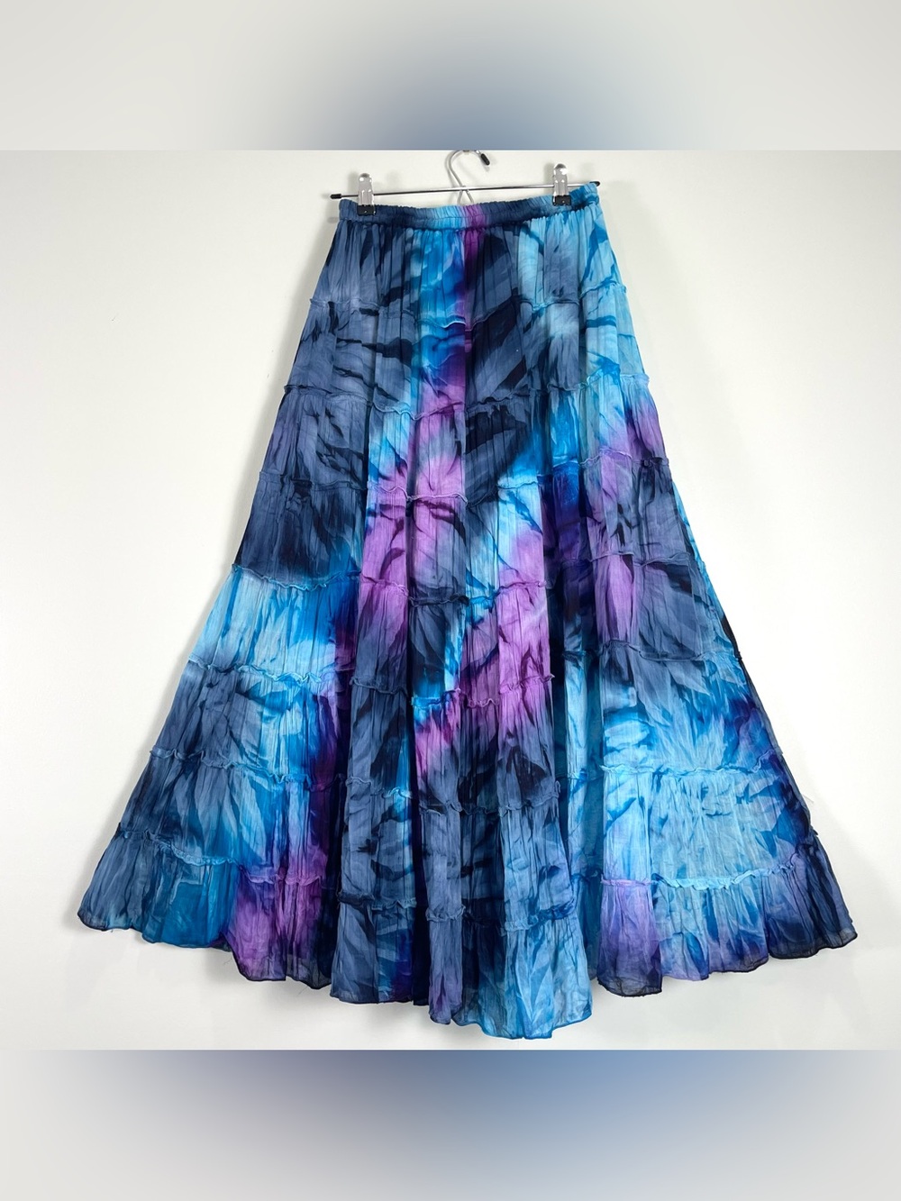 PHOOL Women's Cotton Cauze Tie Dy Tiered Maxi Skirt Blue Purple Boho Size Small